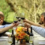 Friends raising glasses of red wine at a winery lunch